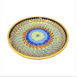 Vtg Chinese Champleve Cloisonne Enamel Brass Trinket Bowl Blue Gold Floral 4"